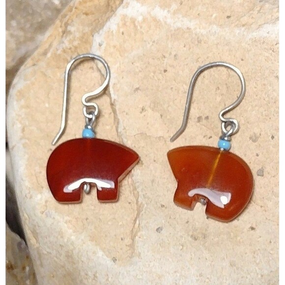 Handmade Jewelry - Fetish Bear Carnelian Stone Sterling Silver Dangle Earrings Vintage